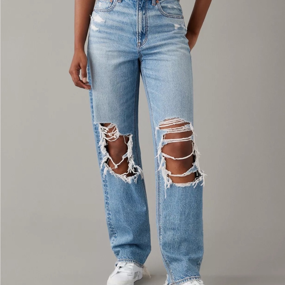 AE Strigid Ripped Highest Waist Baggy Straight Jean Medium Wash Women's 000 S